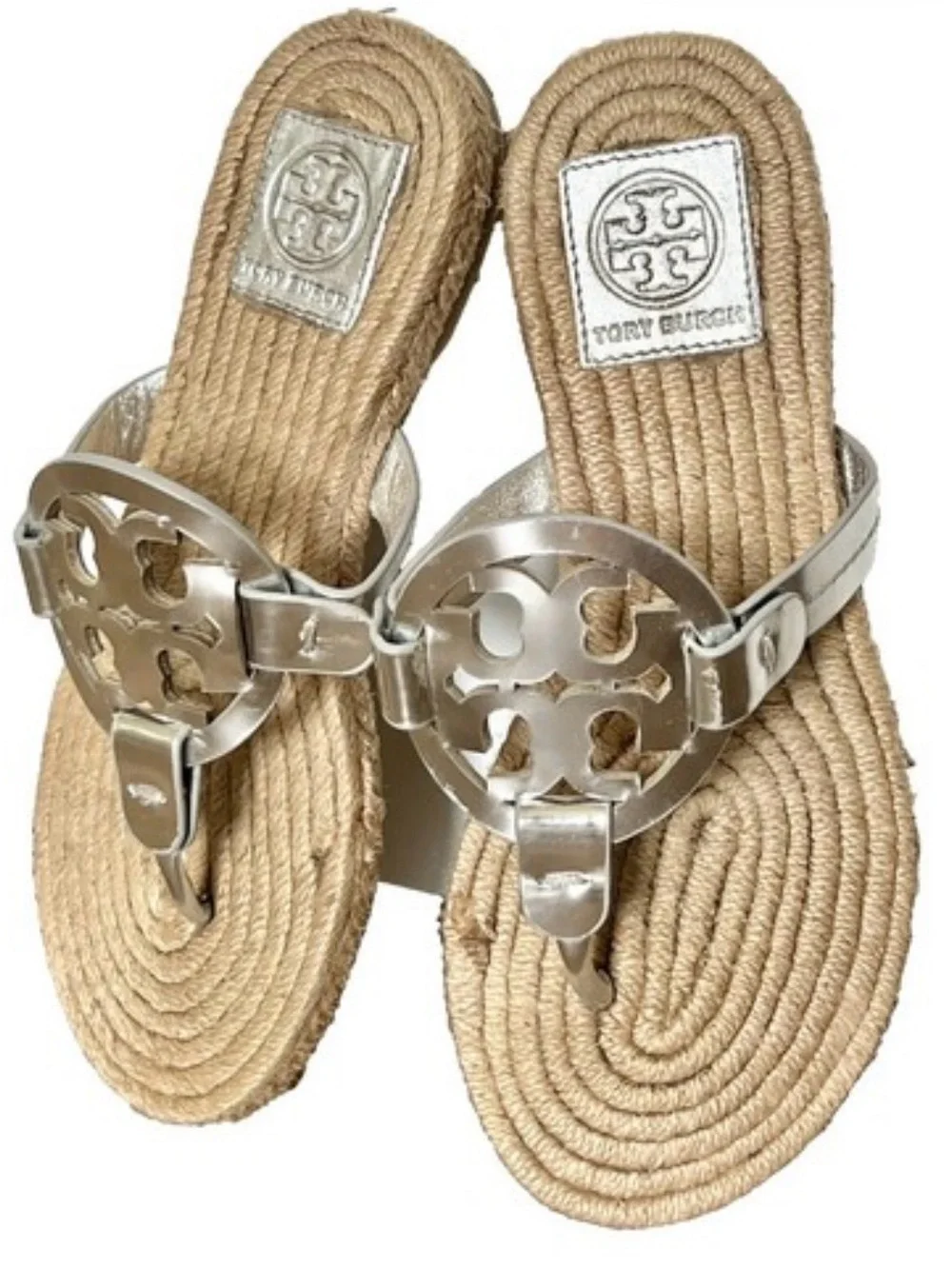 Tory Burch Metallic Silver Logo Rope-Trim Thong Sandals